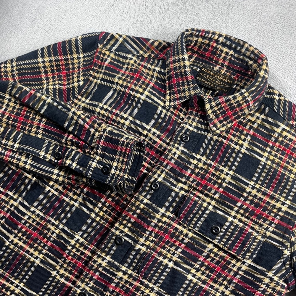 Filson Mens Plaid Flannel Button Down Shirt Navy Red Tan Small